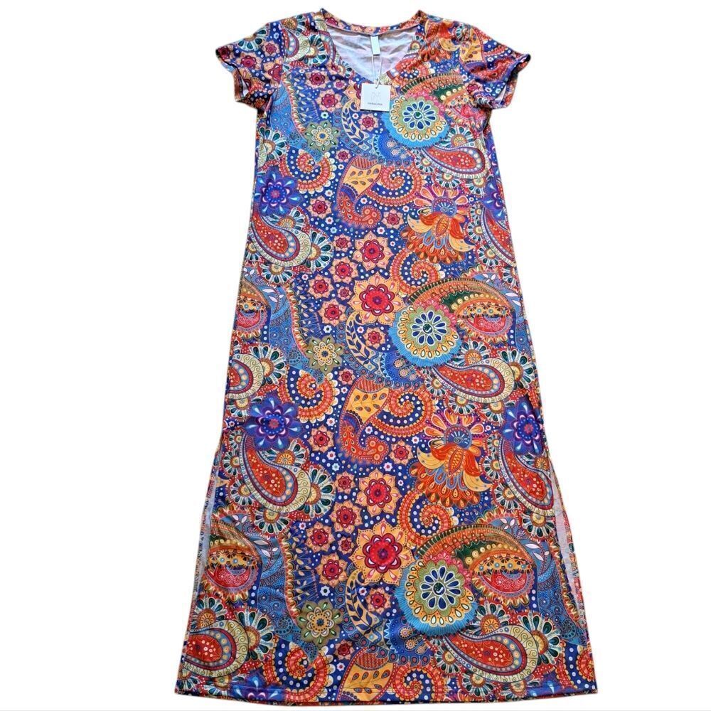 NoraCora Fun Colorful Boho Paisley Print Jersey Dress Small Orange Multi NWT